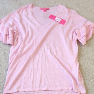 Pink V-Neck Ruffle Sleeve Top